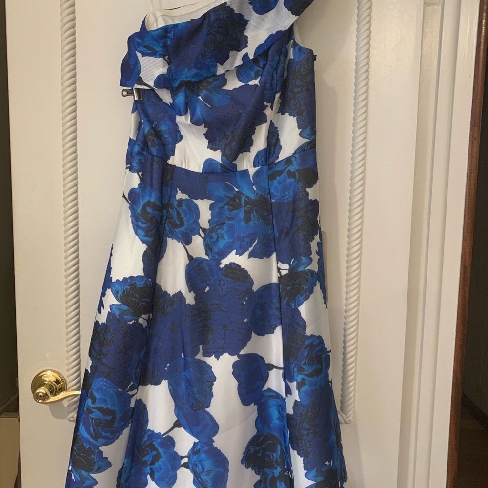 Blue and white floral one-shoulder dress
